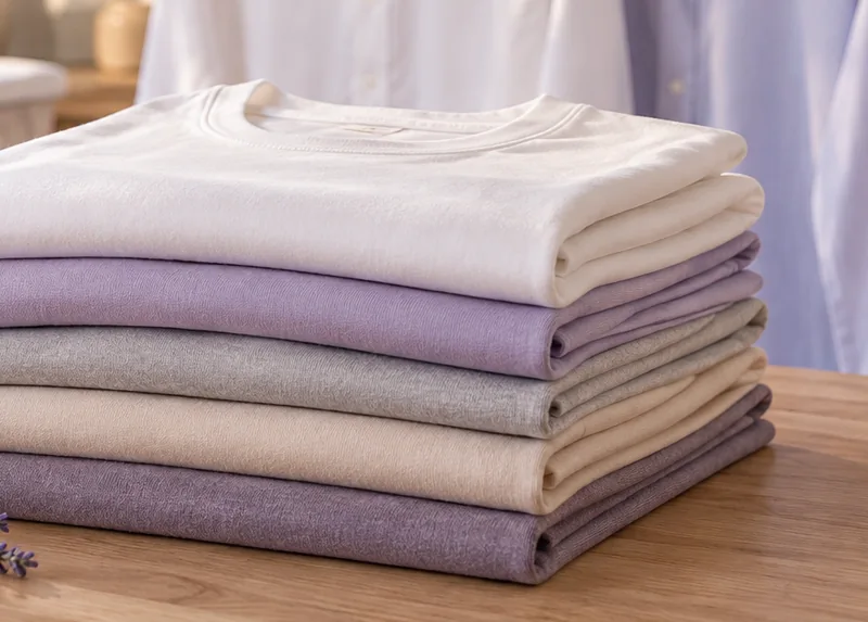 Netjes opgevouwen T-shirts in zachte kleuren