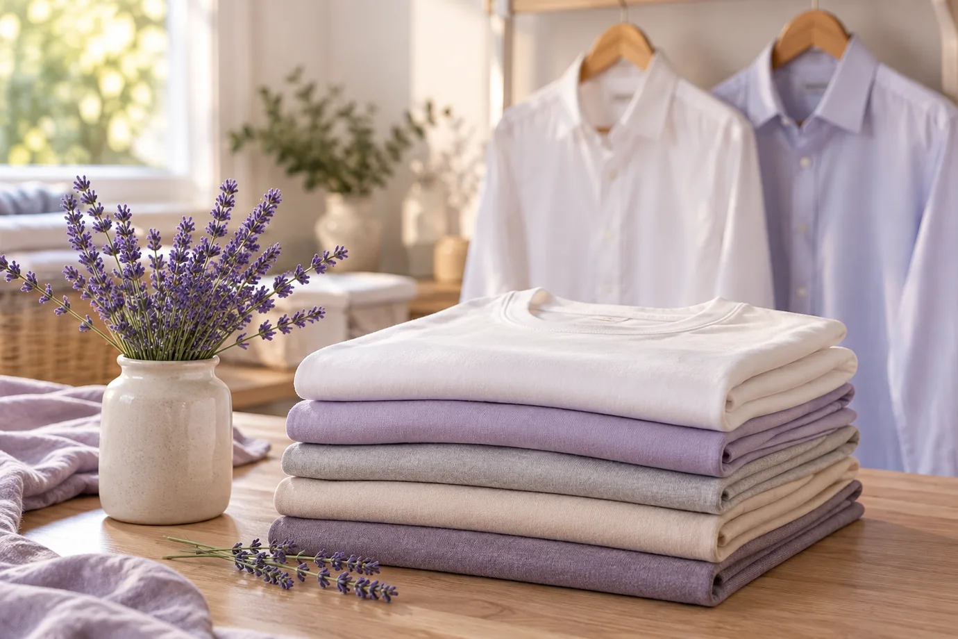Netjes verzorgde kleding, zachte lavendeltinten en verse lavendel.